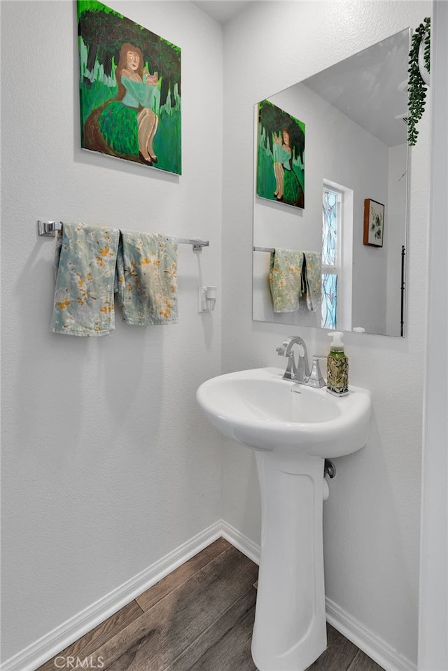 bathroom with hardwood / wood-style flooring