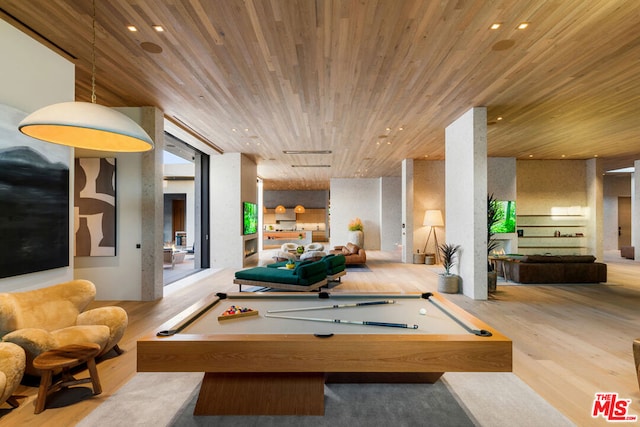 recreation room with wooden ceiling, light hardwood / wood-style floors, and billiards