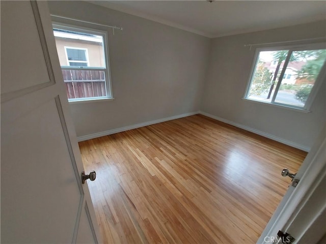 empty room featuring a healthy amount of sunlight, light hardwood / wood-style floors, and ornamental molding