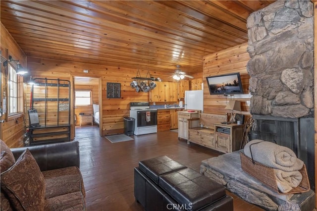 living room with ceiling fan, wooden walls, wood ceiling, and dark hardwood / wood-style floors