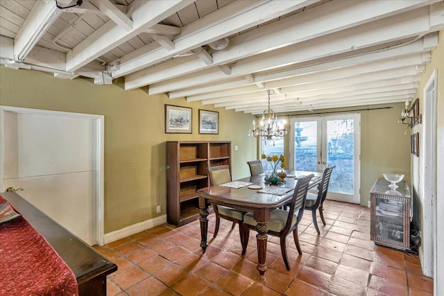 dining space with wood ceiling, tile patterned flooring, beamed ceiling, and a chandelier