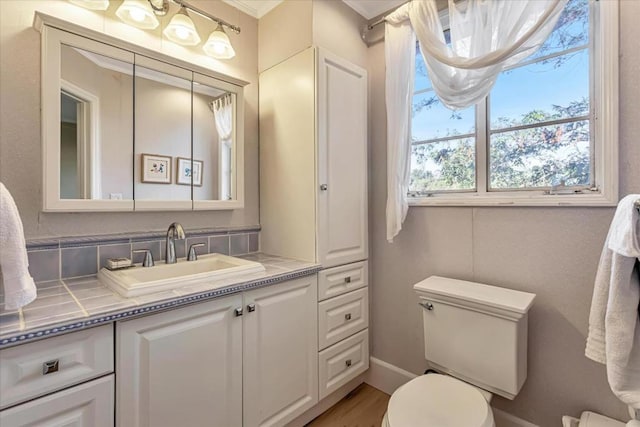 bathroom featuring hardwood / wood-style flooring, vanity, and toilet