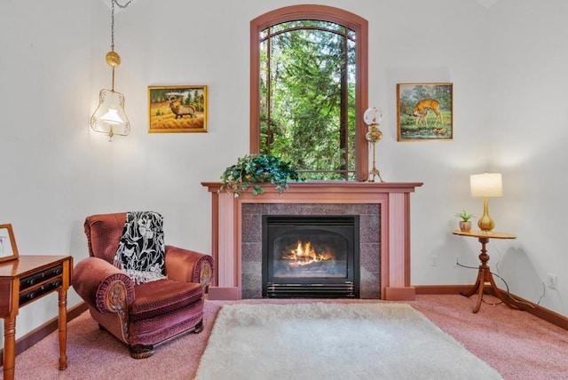 living area with carpet and a tile fireplace