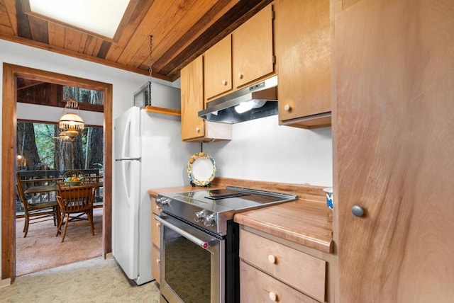 kitchen with light carpet, stainless steel electric range oven, wood ceiling, and pendant lighting