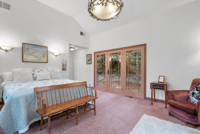 bedroom featuring access to outside, carpet, and lofted ceiling