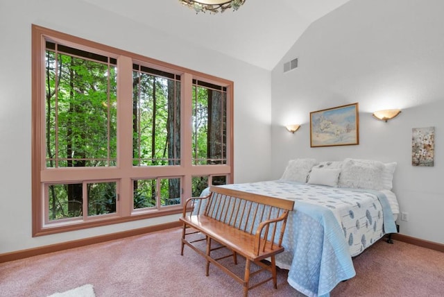 carpeted bedroom featuring vaulted ceiling