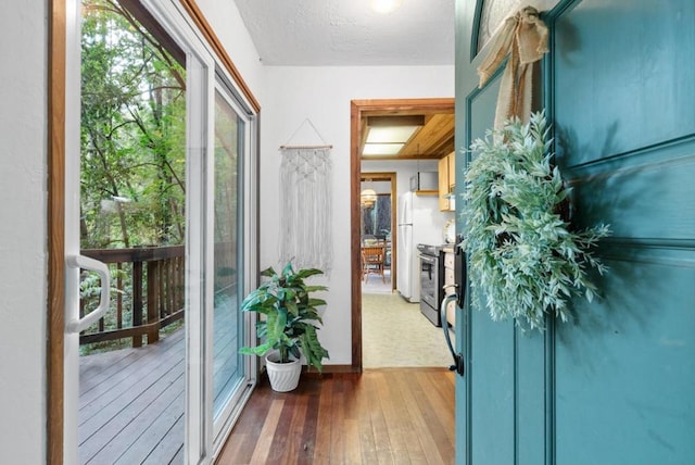 entryway featuring a textured ceiling and hardwood / wood-style flooring