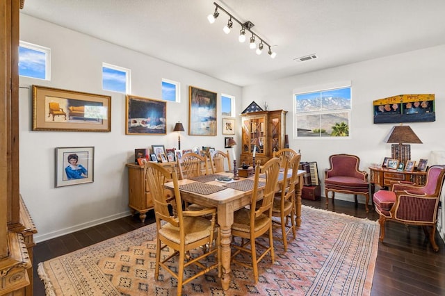 dining space featuring dark wood-type flooring