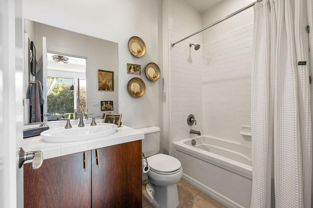 full bathroom with tile patterned flooring, vanity, toilet, and shower / bathtub combination with curtain