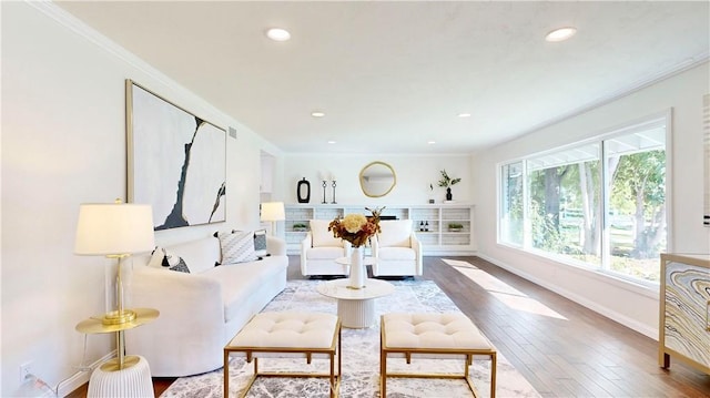 living room featuring crown molding and wood-type flooring