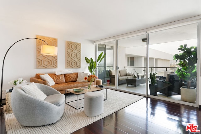 living room featuring dark hardwood / wood-style flooring and a wall of windows