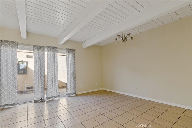 unfurnished room with light tile patterned flooring, beamed ceiling, wooden ceiling, and a chandelier