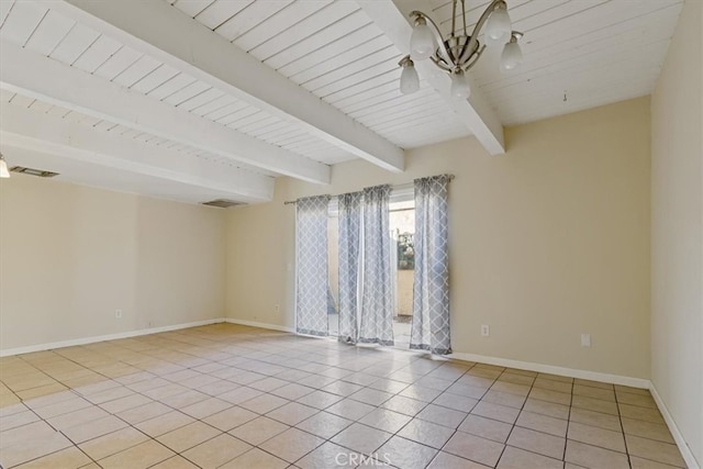 spare room with wooden ceiling, beamed ceiling, a notable chandelier, and light tile patterned floors