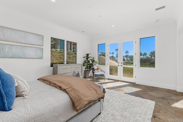 bedroom featuring access to outside, french doors, crown molding, and multiple windows