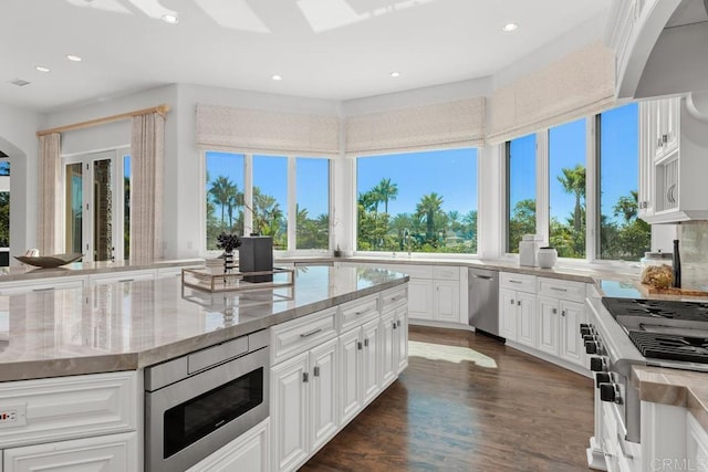 kitchen with light stone counters, sink, dark wood-type flooring, white cabinetry, and stainless steel appliances