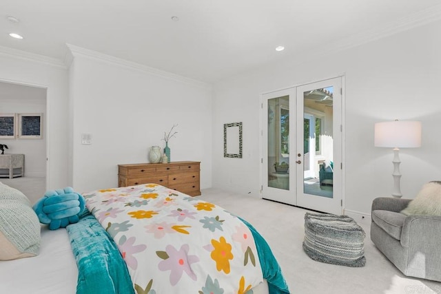 bedroom with french doors, light carpet, access to exterior, and crown molding