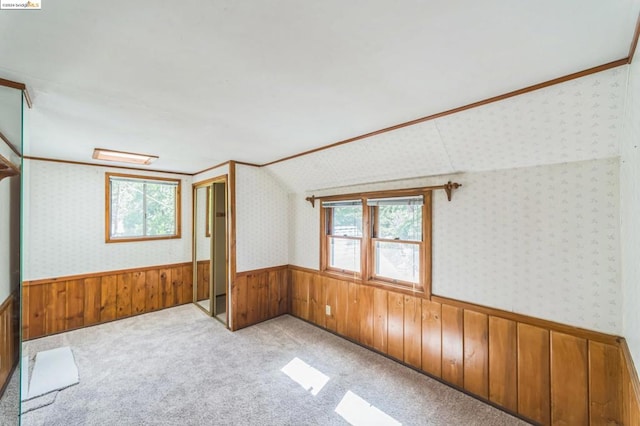 additional living space featuring lofted ceiling, wooden walls, and light colored carpet