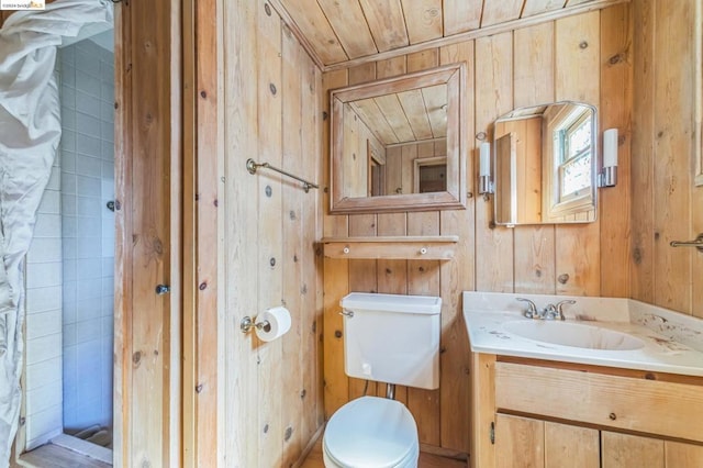 bathroom with wood ceiling, vanity, wooden walls, and toilet