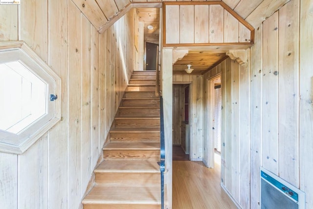 stairs with wood-type flooring and wooden walls