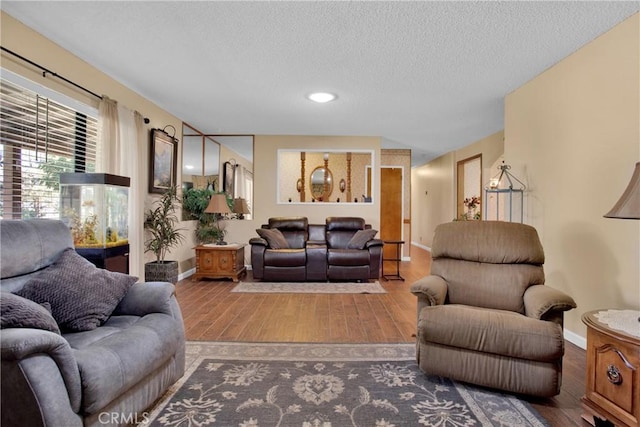 living room featuring hardwood / wood-style flooring and a textured ceiling