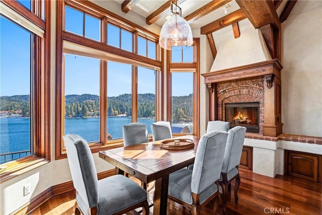 dining area with a fireplace, dark hardwood / wood-style flooring, a healthy amount of sunlight, and a water view