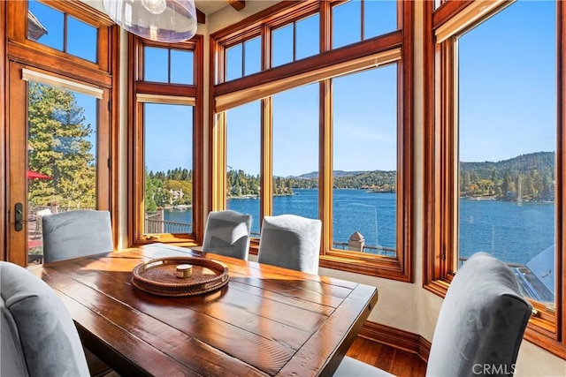 dining space with a water view and hardwood / wood-style flooring