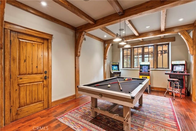 game room with beamed ceiling, hardwood / wood-style flooring, and billiards