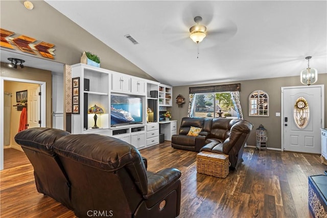 living room featuring dark hardwood / wood-style floors, lofted ceiling, and ceiling fan with notable chandelier