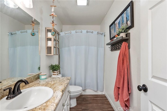 bathroom with vanity, toilet, and wood-type flooring