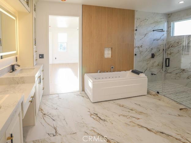 bathroom with a wealth of natural light, vanity, and independent shower and bath