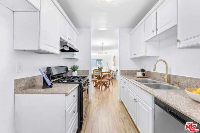 kitchen with white cabinetry, sink, black range with gas cooktop, light wood-type flooring, and dishwasher