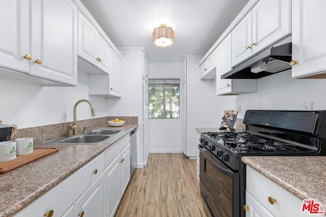 kitchen featuring white cabinetry, light wood-type flooring, black range with gas stovetop, sink, and stainless steel dishwasher