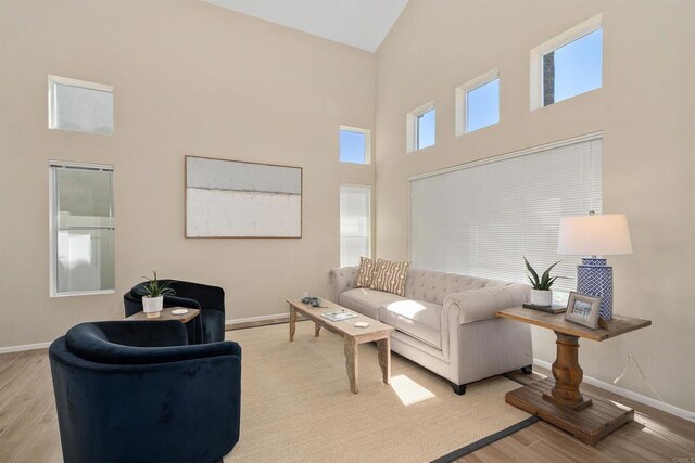 living room with light hardwood / wood-style flooring and a high ceiling