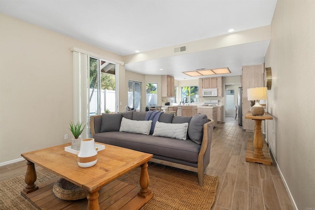 living room featuring light wood-type flooring and sink