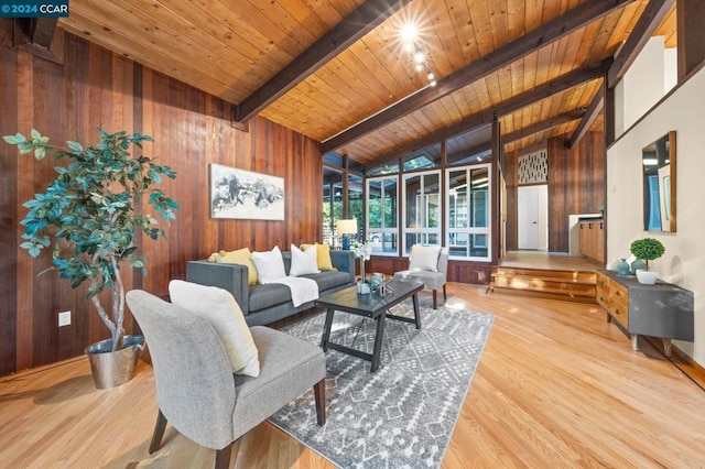 living room featuring wood ceiling, beam ceiling, wooden walls, and hardwood / wood-style floors