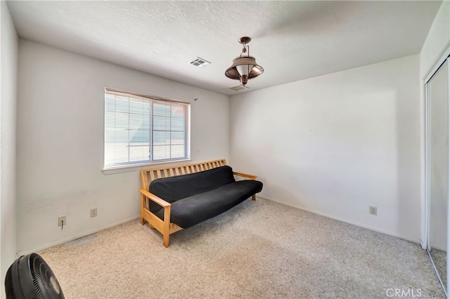 sitting room with a textured ceiling and light carpet