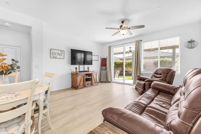 living room with ceiling fan and light wood-type flooring