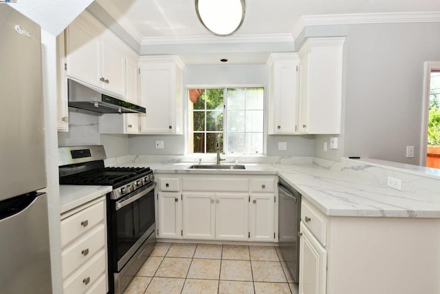 kitchen featuring white cabinetry, sink, kitchen peninsula, crown molding, and appliances with stainless steel finishes