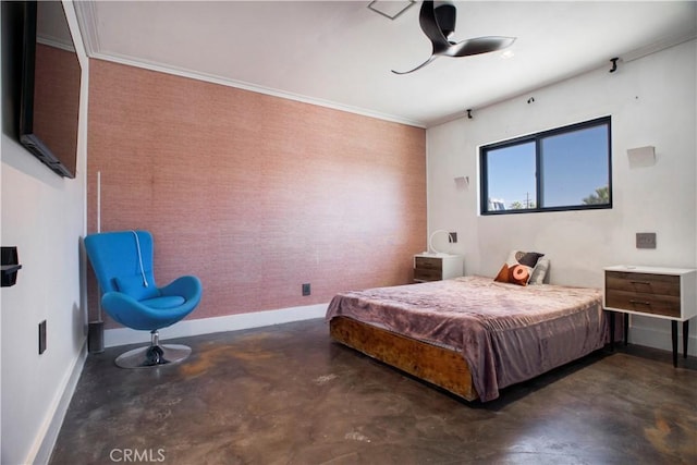 bedroom featuring ceiling fan, pool table, and crown molding