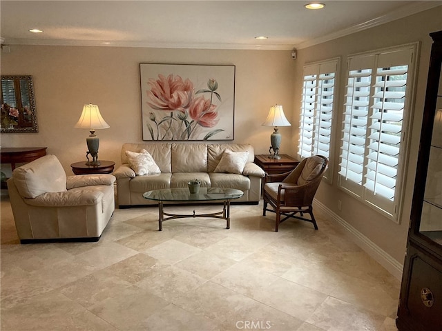 living room with crown molding