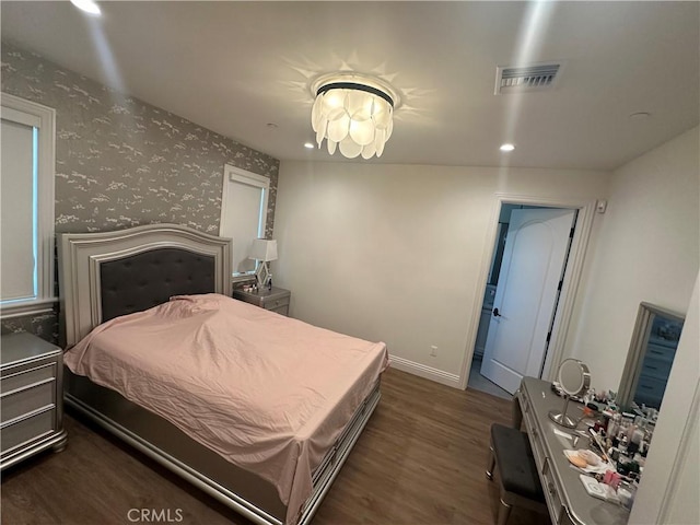 418UNITD W Fairview Ave Unit D, Arcadia, CA 91007 - bedroom featuring wallpapered walls, dark wood-style flooring, baseboards, a chandelier, and recessed lighting