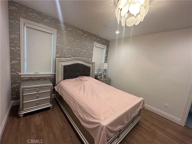 418UNITD W Fairview Ave Unit D, Arcadia, CA 91007 - bedroom featuring wallpapered walls, a chandelier, wood finished floors, and baseboards