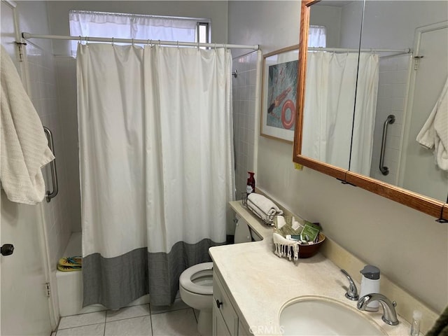 full bathroom with tile patterned flooring, shower / bath combination with curtain, vanity, and toilet