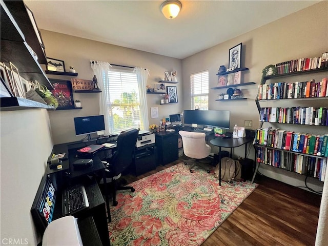 home office featuring dark wood-type flooring