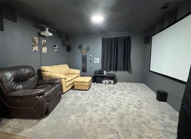 home theater featuring carpet flooring