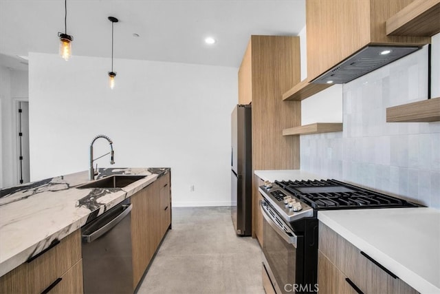 kitchen with decorative backsplash, stainless steel appliances, sink, pendant lighting, and light stone counters