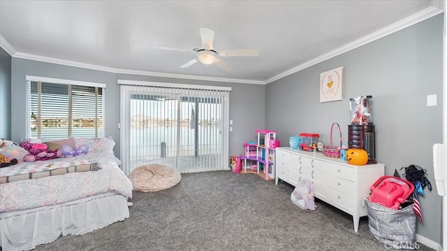 carpeted bedroom featuring access to exterior, crown molding, and ceiling fan