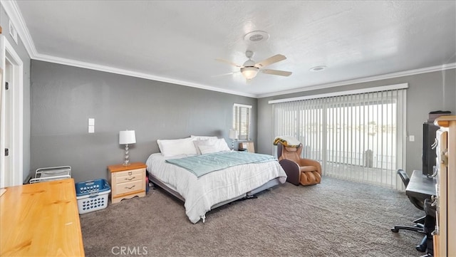 bedroom with carpet floors, ornamental molding, multiple windows, and ceiling fan