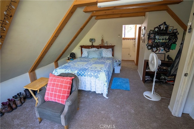 carpeted bedroom featuring vaulted ceiling