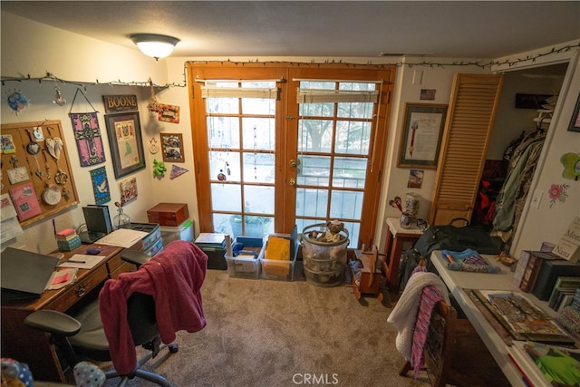 carpeted office space featuring a wealth of natural light and french doors